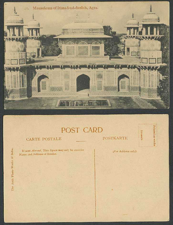 India Old Postcard Mausoleum of Itimad-ud-danlah, Prince Etmaddowlah, Agra No.41