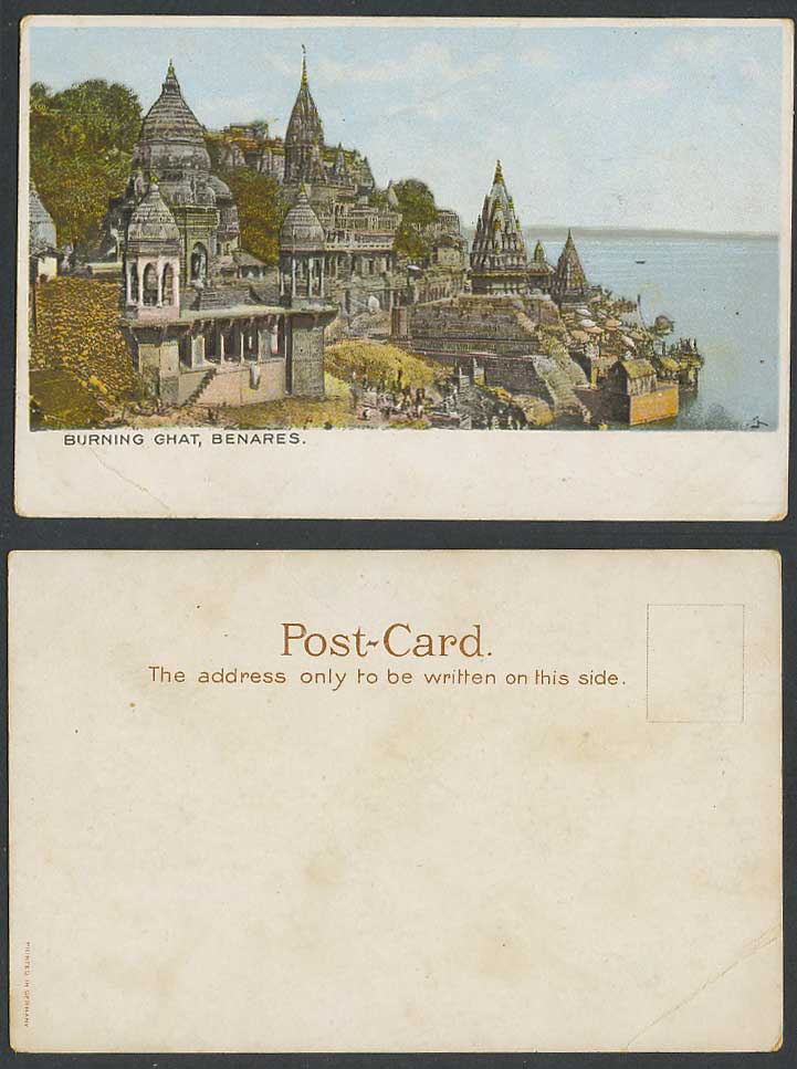 India Old Colour Postcard Burning Ghat Benares River Scene Temple Tower Panorama
