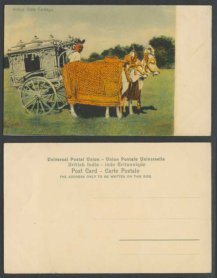 India Old Colour Postcard Indian State Carriage, Native Driver and Cattle Cart