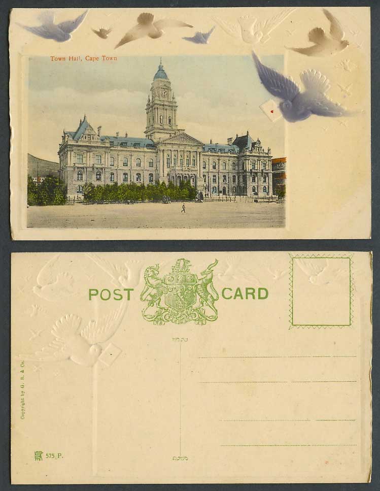 South Africa Old Embossed Postcard Town Hall Cape Town, Birds delivering Letters