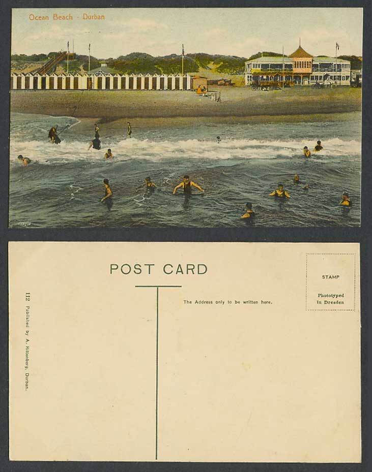 South Africa Old Postcard Ocean Beach, Durban, Bathers, Steep Tramway Funicular