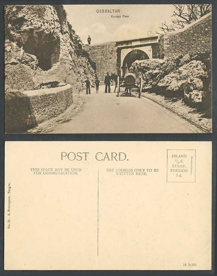 Gibraltar Old Postcard Europa Pass Gate Street Scene Donkey Barrel Cart Guard 34