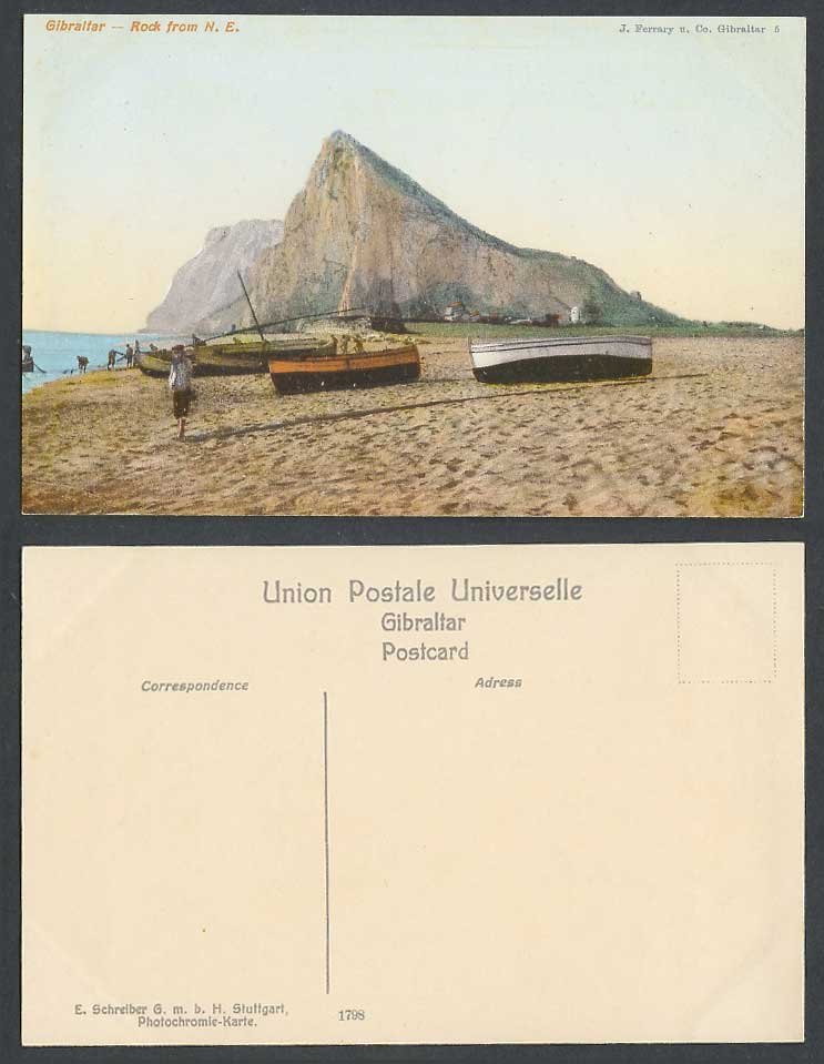 Gibraltar Old Postcard Rock from NE North East Boats, J Ferrary u Co E Schreiber