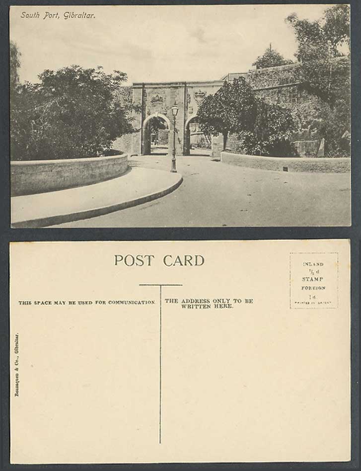 Gibraltar Old Postcard South Port Gate Gates Arms Street Scene Benzaquen & Co.