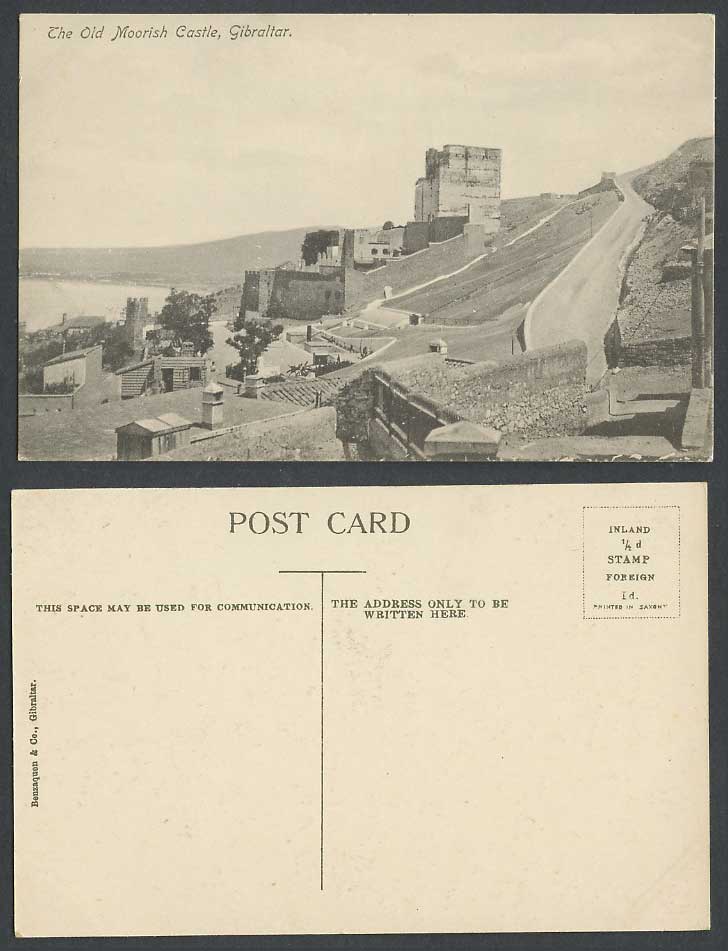 Gibraltar Vintage Postcard Old Moorish Castle Ruins, Road Street Scene, Panorama