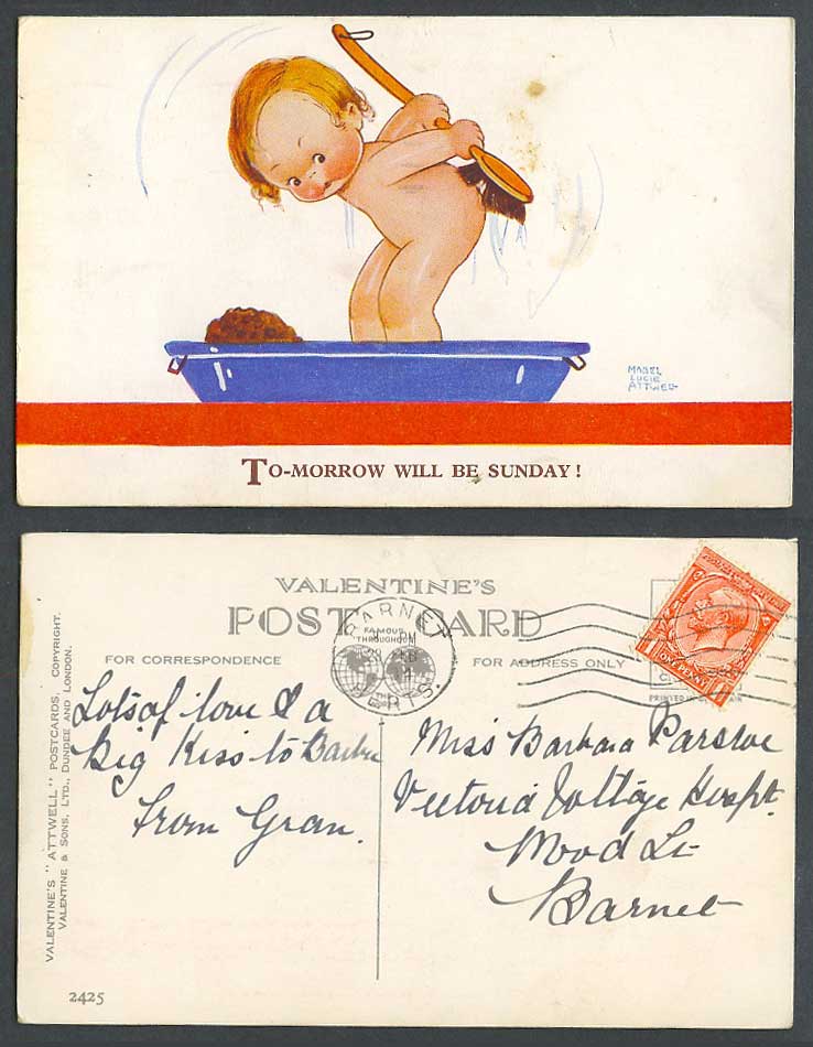 MABEL LUCIE ATTWELL 1934 Old Postcard Tomorrow will be Sunday Bathtub Brush 2425