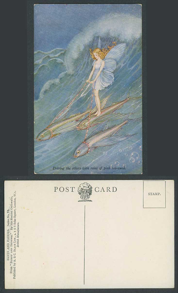 I.R. OUTHWAITE Old Postcard Fairy Driving The Others with Reins of Sea-Weed Fish