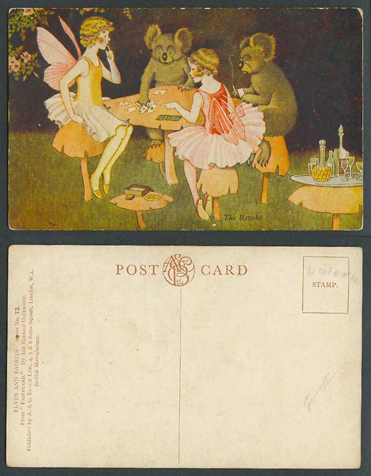I.R. OUTHWAITE Old Postcard KOALA The Revoke Poker Card Game Fairy Girls Fairies