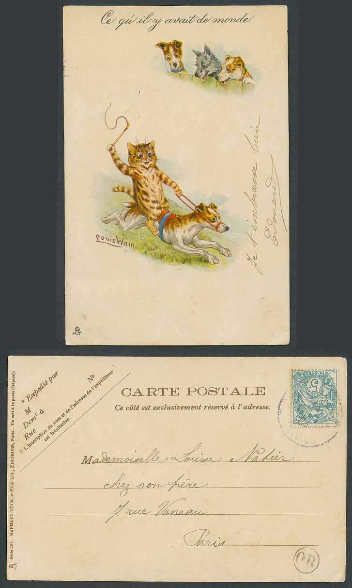 Louis Wain Artist Signed Cat Kitten Riding a Dog, Whip Dogs 1904 Old UB Postcard