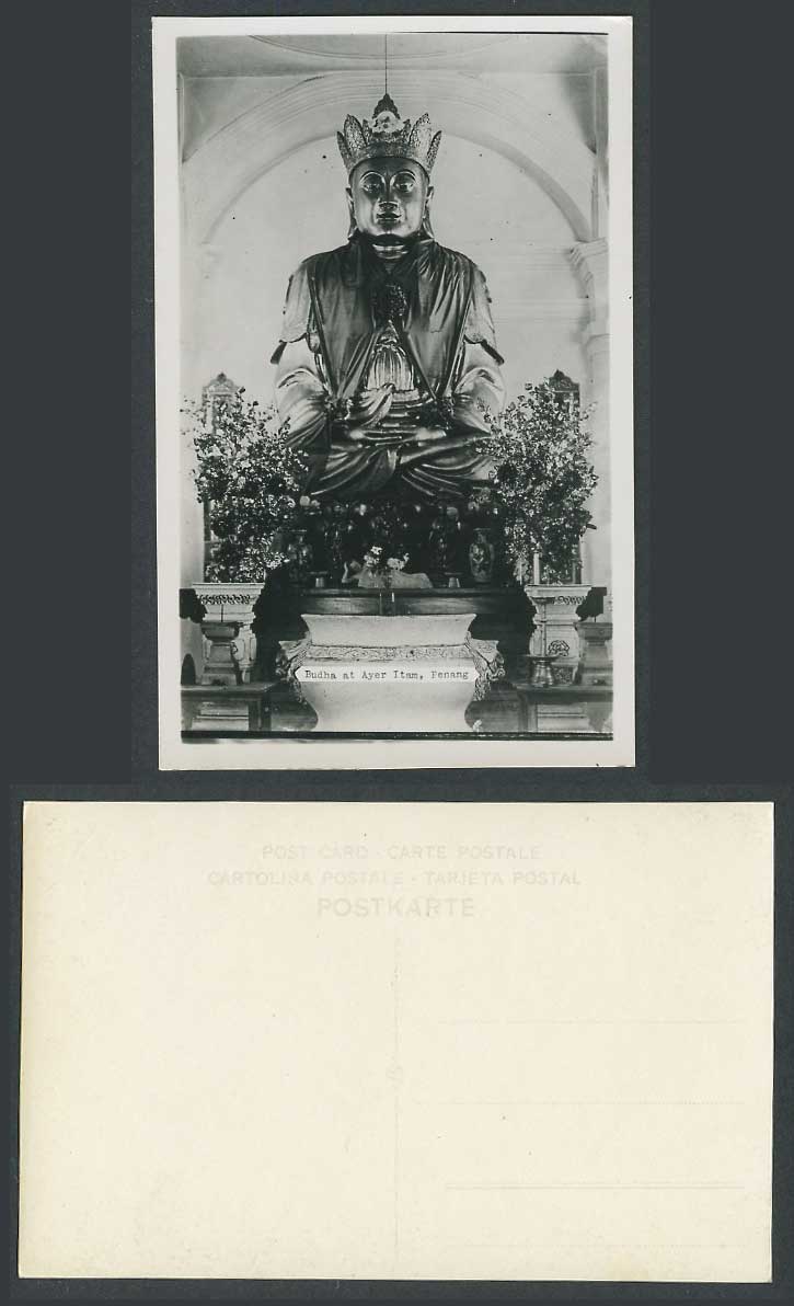 Penang Old Real Photo Postcard Buddha Statue at Chinese Temple Ayer Itam Flowers