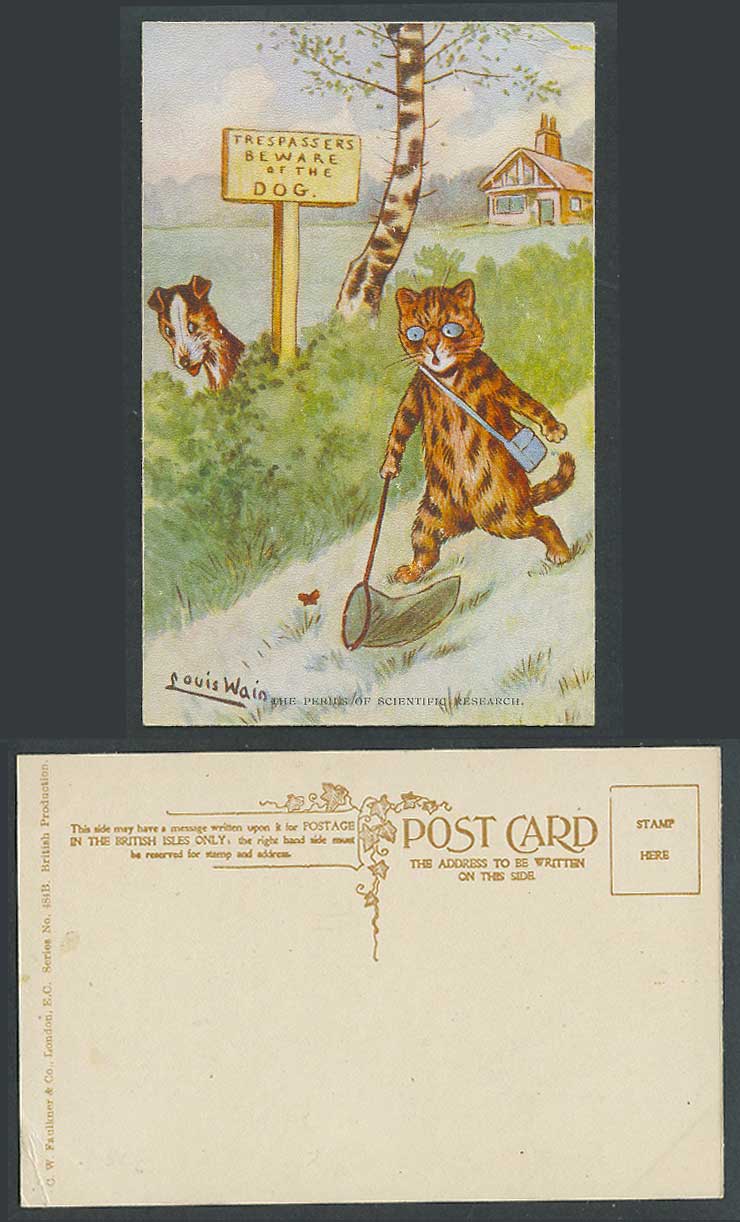 LOUIS WAIN Artist Signed Cat Trespasser Beware Of Dog Butterfly Net Old Postcard