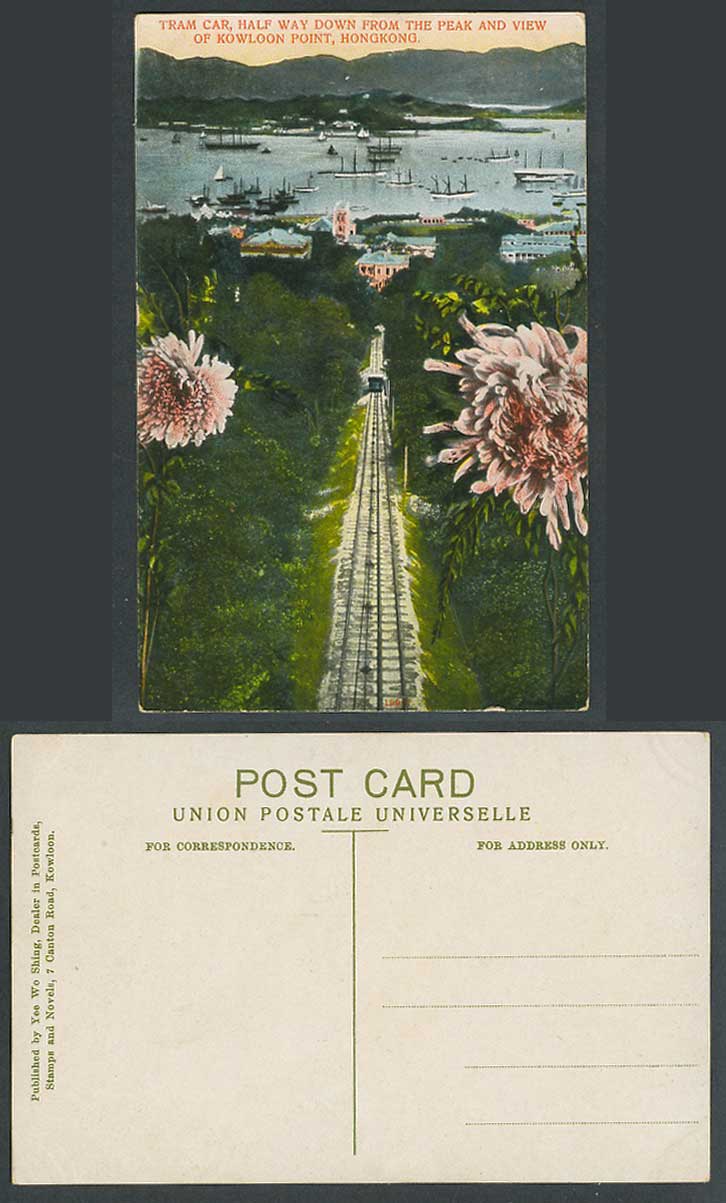 Hong Kong China Old Colour Postcard Tram Car Kowloon Point Harbour Chrysanthemum