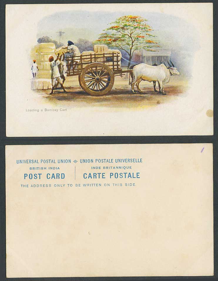 India MV Dhurandhar Old UB Postcard Loading a Bombay Cart Cattle Workers Coolies
