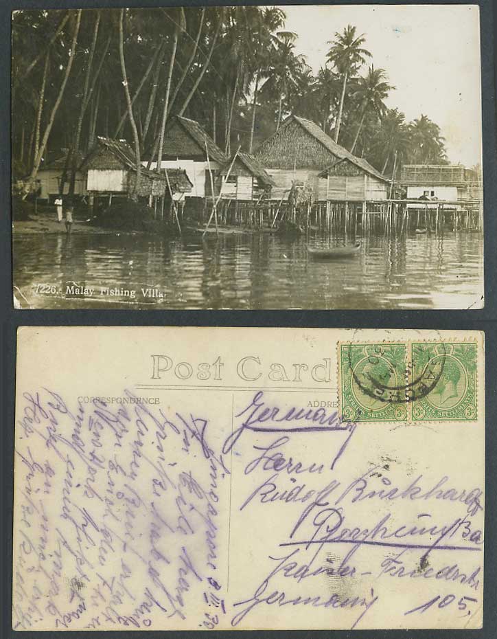 Pahang KG5 3c 1930 Old Real Photo Postcard Malay Fishing Village, Houses Stilts