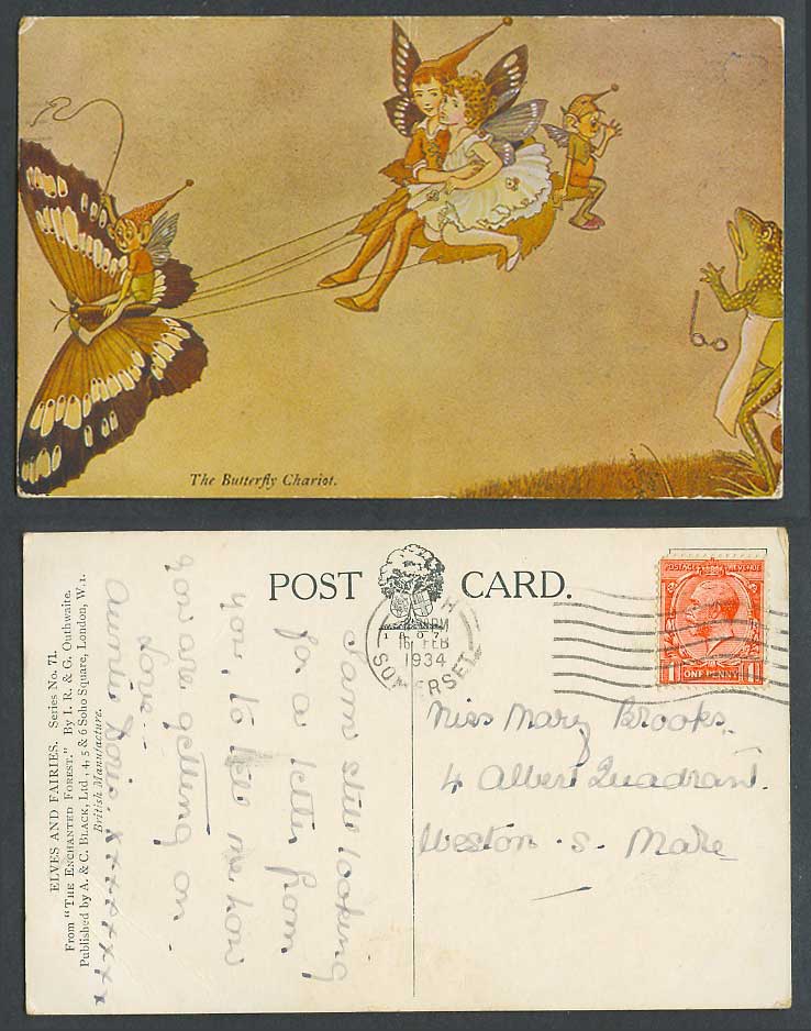 IR&G OUTHWAITE 1934 Old Postcard The Butterfly Chariot Frog Elves and Fairies 71