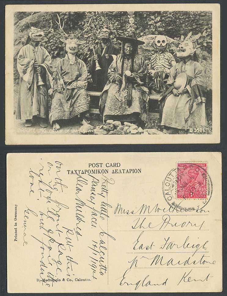 TIBET China India 1a 1914 Old Postcard Tibetan Lamas Group Mask Shawm Darjeeling