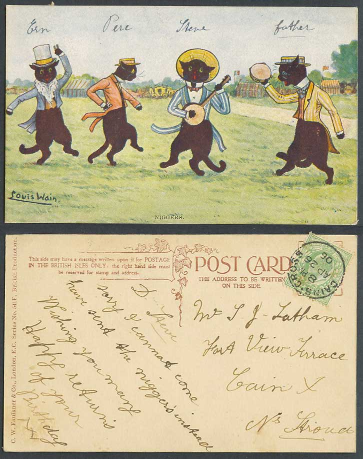 Louis Wain Artist Signed, Black Cats Kittens Dancing & Singing 1906 Old Postcard