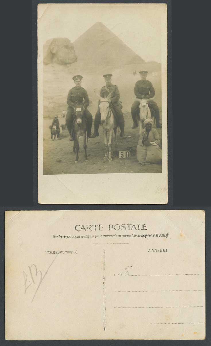 Egypt Old Real Photo Postcard Cairo Sphinx Pyramid WW1 Soldiers Donkey Guide, 50