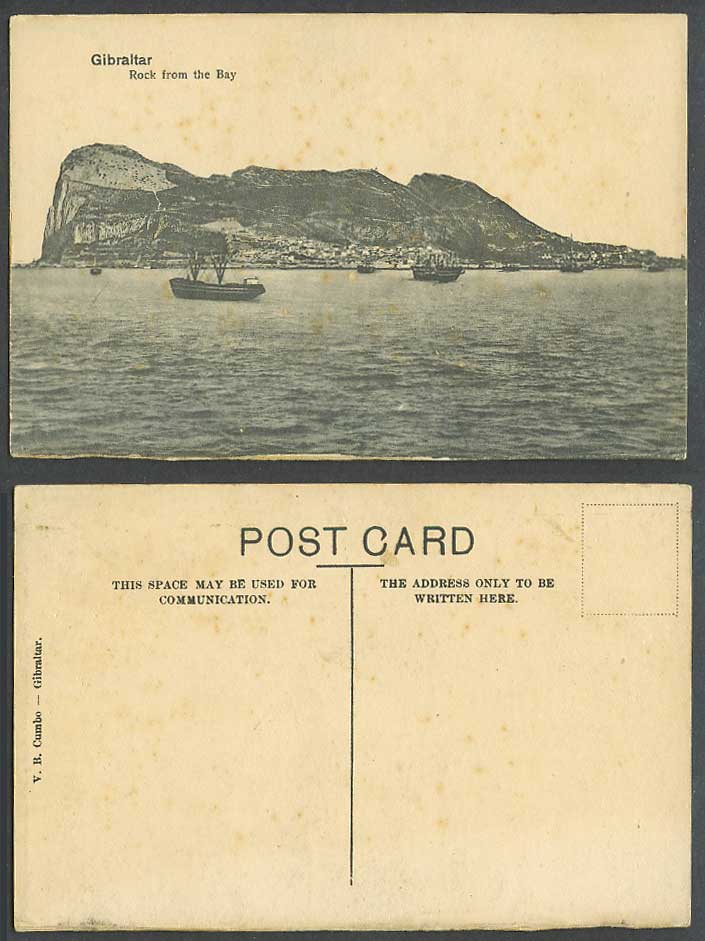 Gibraltar Old Postcard Rock from The Bay Ships Boats Harbour Panorama V.B. Cumbo