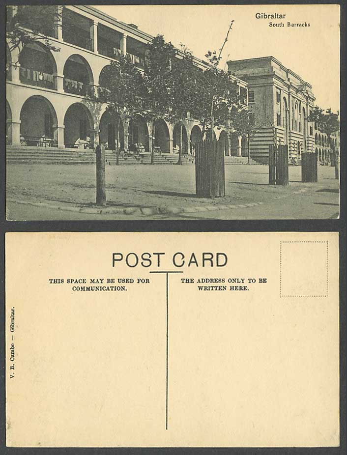 Gibraltar Old Postcard South Barracks, Military Barrack Street Scene V.B. Cumbo