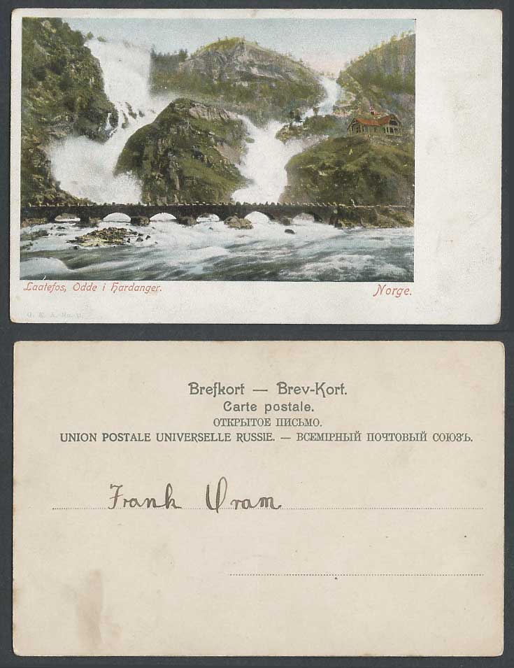 Norway Old Colour UB Postcard Laatefos Odde i Hardanger Norge, Bridge Waterfalls