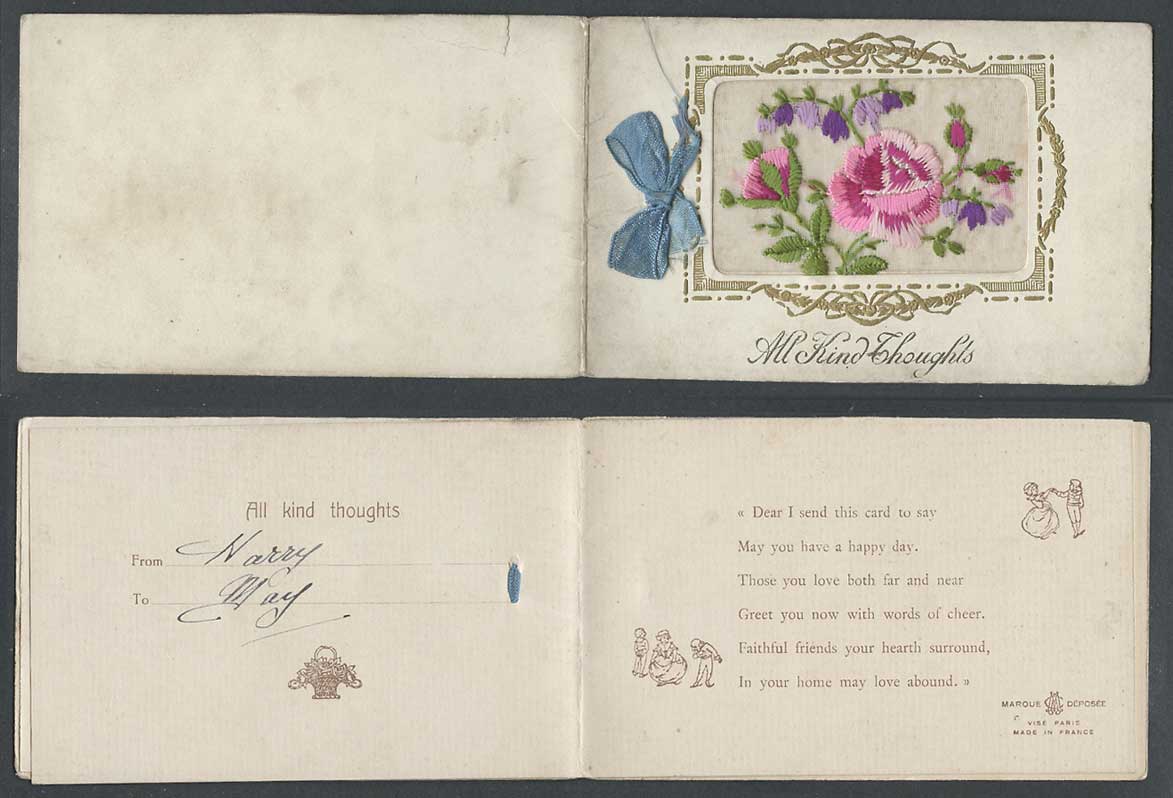 WW1 SILK Embroidered Old Greeting Card All Kind Thoughts, Flowers Have Happy Day