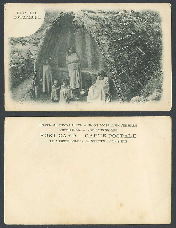 India Old UB Postcard Toda Hut Ootacamund, Native House, Children Girls Boys Man