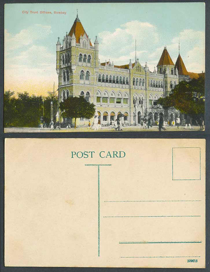 India Old Colour Postcard City Trust Offices Bombay Street Scene, British Indian