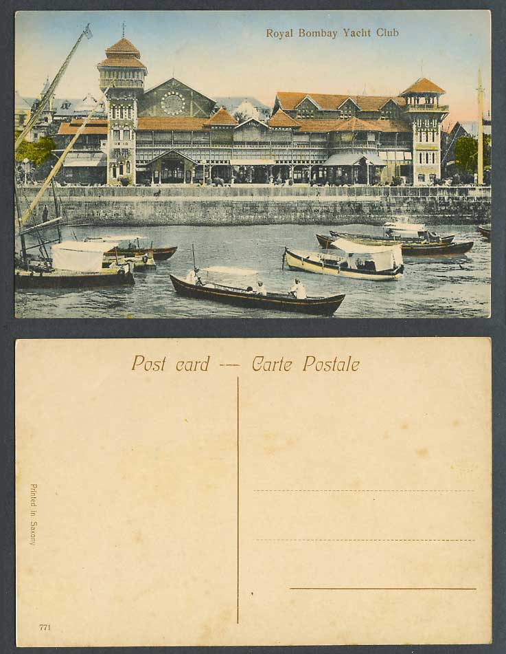 India Old Hand Tinted Postcard Royal Bombay Yacht Club, Native Boats Yachts 771.