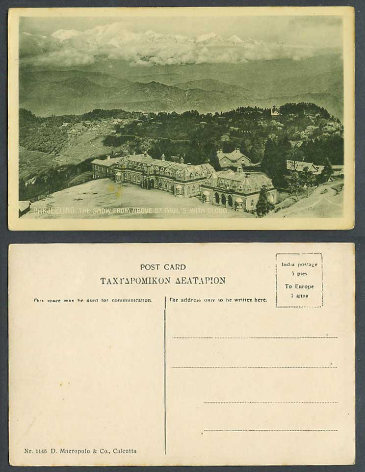 India Old Postcard Darjeeling The Snow from above St Paul's with Cloud Mountains