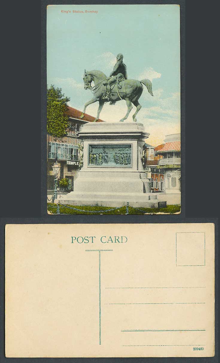 India Old Colour Postcard King's Statue Bombay King Edward 7th Horse Rider Hotel