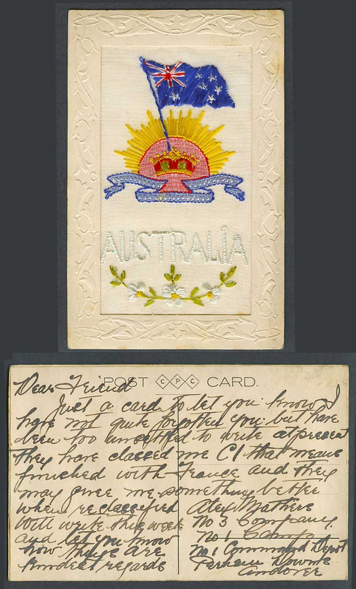 WW1 SILK Embroidered Old Postcard Australia Australian Flag Sun Crown Flower CPC