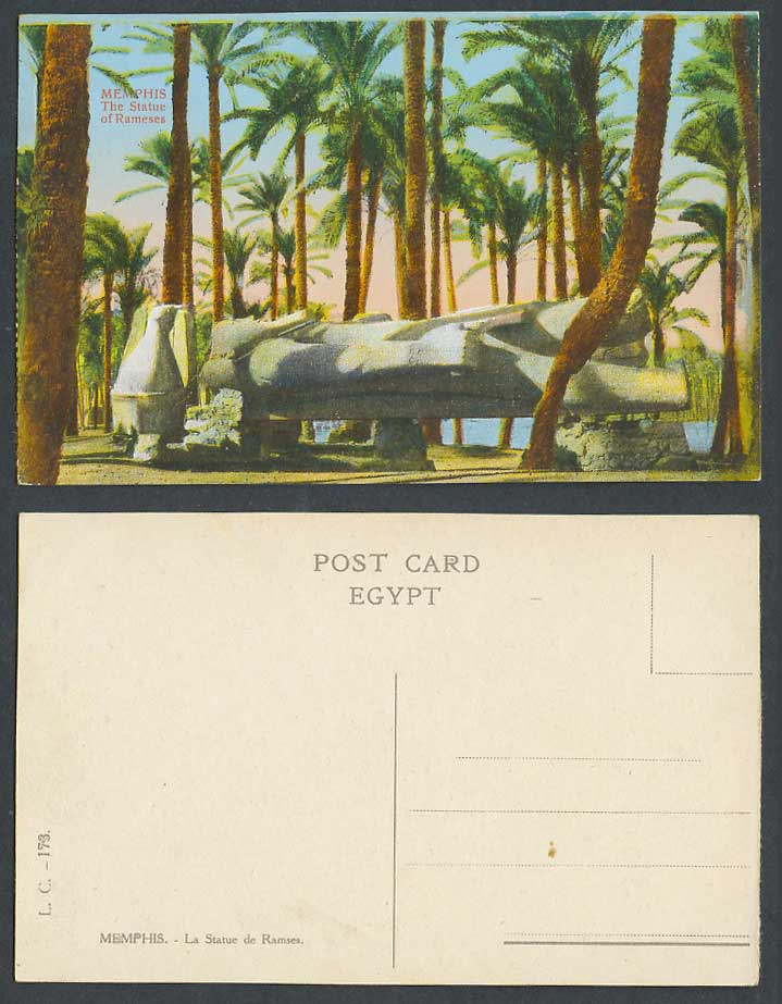 Egypt Old Colour Postcard Memphis The Statue of Ramses Rameses Palm Trees LC 173
