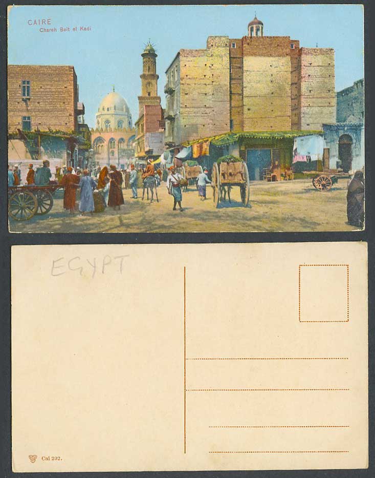 Egypt Old Color Postcard Caire Cairo Chareh Beit el Kadi Street Scene Tower Cart