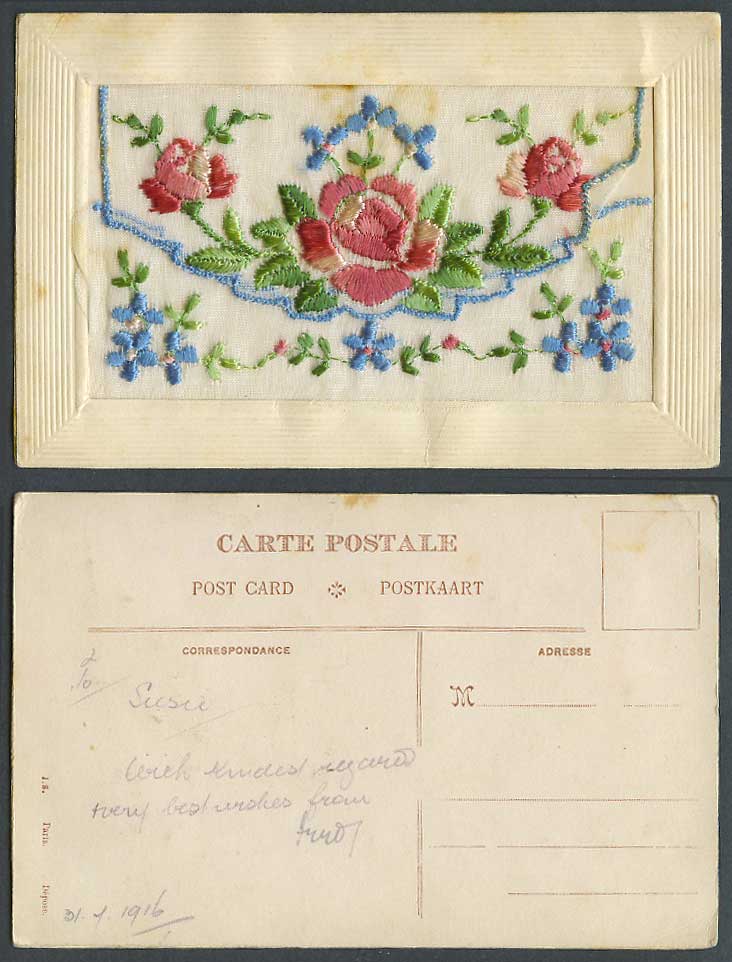 WW1 SILK Embroidered French 1916 Old Postcard Flowers, with Empty Wallet Novelty