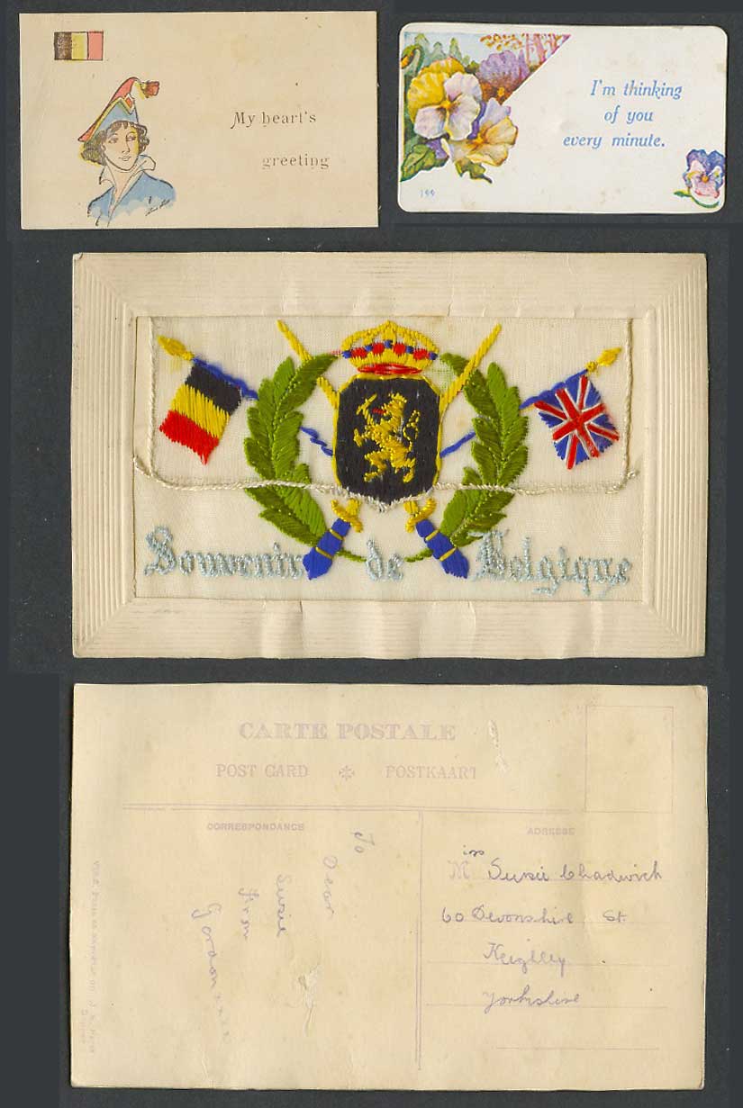 WW1 SILK Embroidered Old Postcard Souvenir de Belgique Belgium Flags Lion Wallet