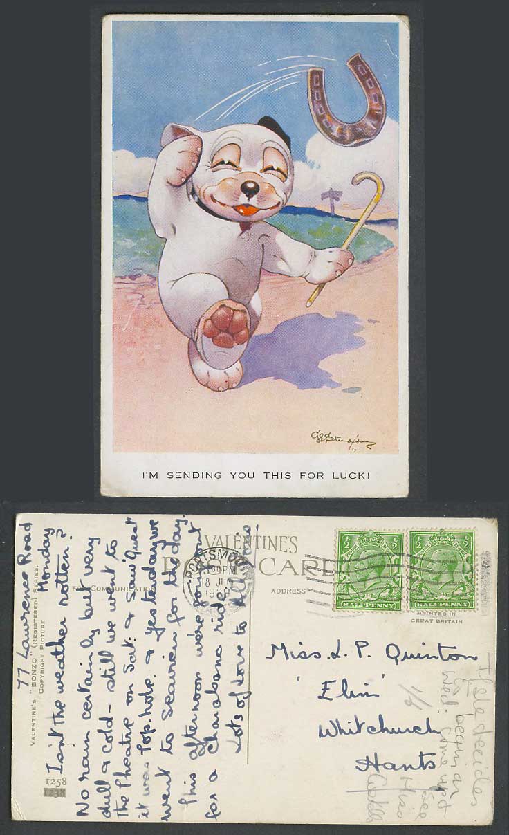 BONZO DOG G.E. Studdy 1928 Old Postcard I'm Sending This For Luck Horseshoe 1258