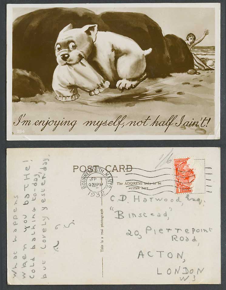 BONZO DOG GE Studdy Style 1932 Old Postcard I'm Enjoying Myself Not Half I ain't