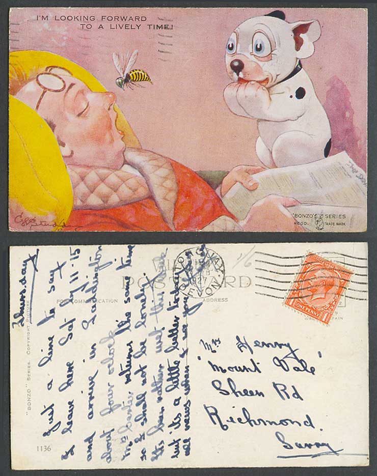BONZO DOG GE Studdy 1927 Old Postcard Wasp Bee, Look Forward to Lively Time 1136