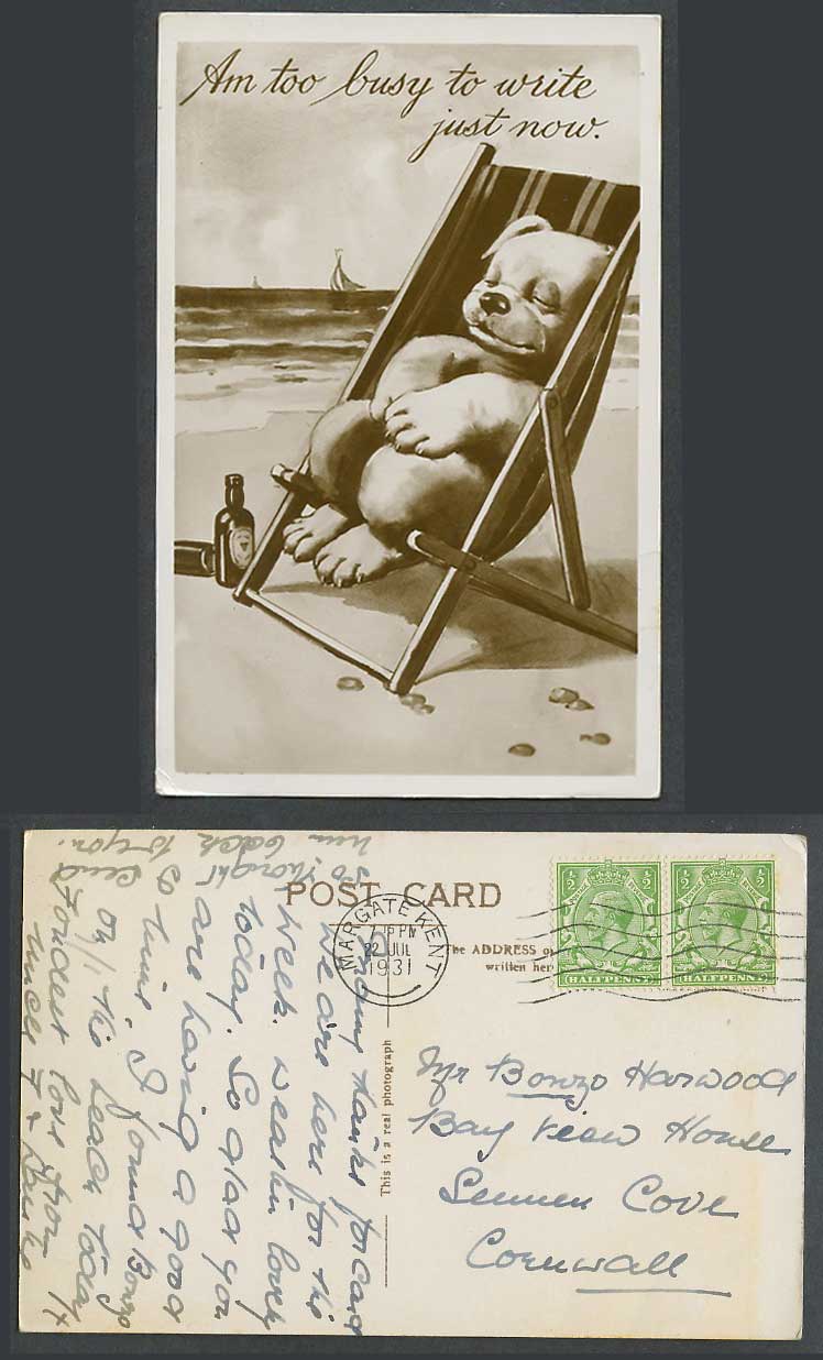 BONZO DOG GE Studdy Style 1931 Old Postcard Am Too Busy To Write Just Now, Beach