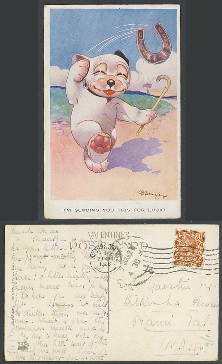 BONZO DOG GE Studdy 1928 Old Postcard I'm Sending U This For Luck Horseshoe 1258