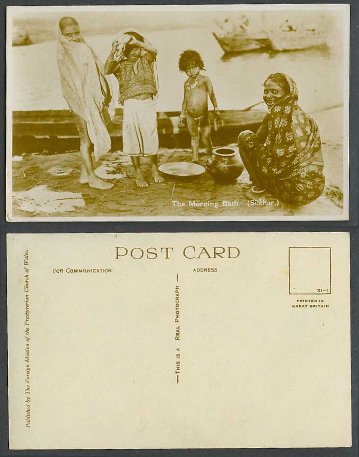 India Old Real Photo Postcard Assam Silchar The Morning Bath Children Woman Boat