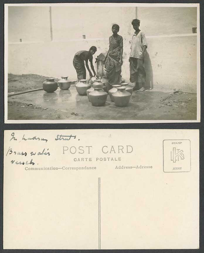 India Old Real Photo Postcard Brass Water Vessels Drawing Water in Indian Street