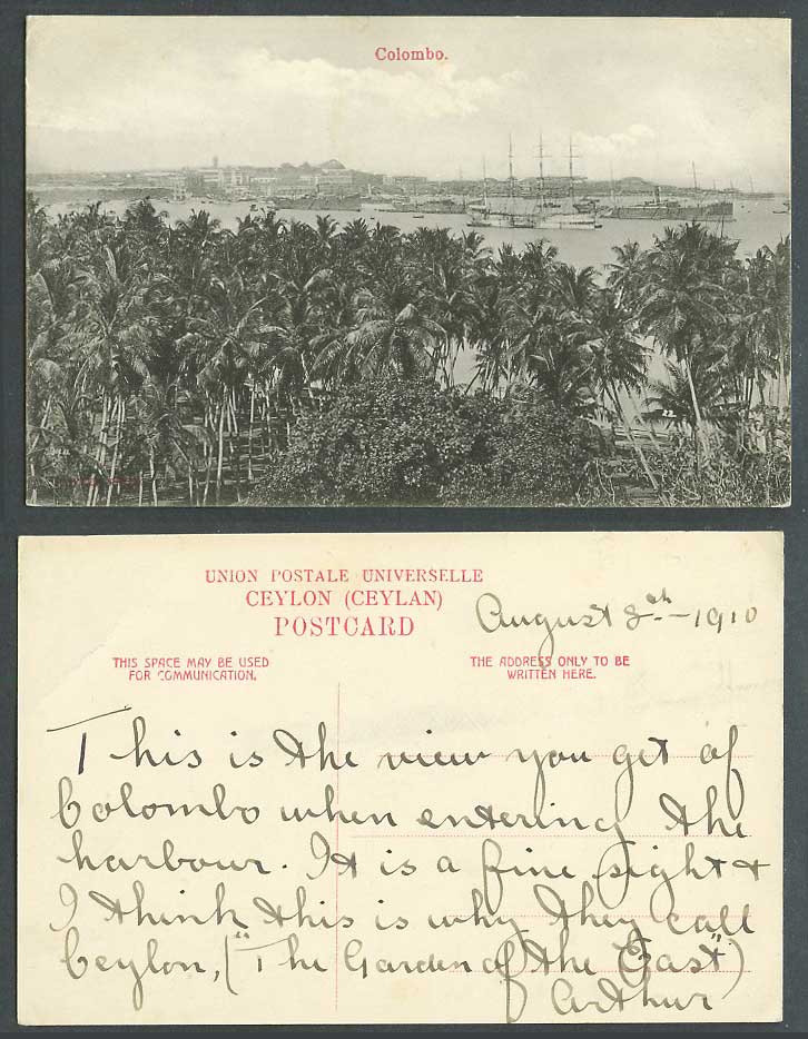 Ceylon 1910 Old Postcard Colombo, Harbour Steam Ships Steamers Boats, Palm Trees