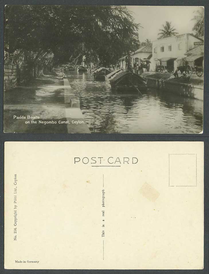 Ceylon Old Real Photo Postcard Padda Boats on Negombo Canal Bullock Carts Street
