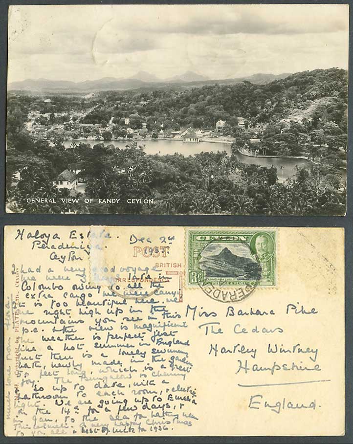 Ceylon KG5 3c 1935 Old Real Photo Postcard General View of Kandy, Lake, Panorama
