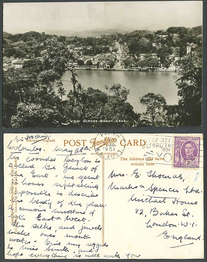 Ceylon Australia KG6 2d 1951 Old Real Photo Postcard View Across Kandy Lake Road