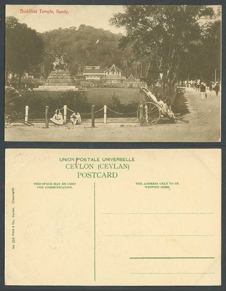 Ceylon Old Postcard Buddhist Temple, Kandy, Rickshaw Coolie, Statue Street Scene