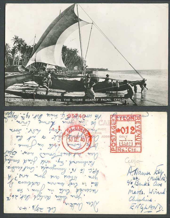 Ceylon Colombo Meter Marks 1940 Old Real Photo Postcard Fishing Boats Shore Palm