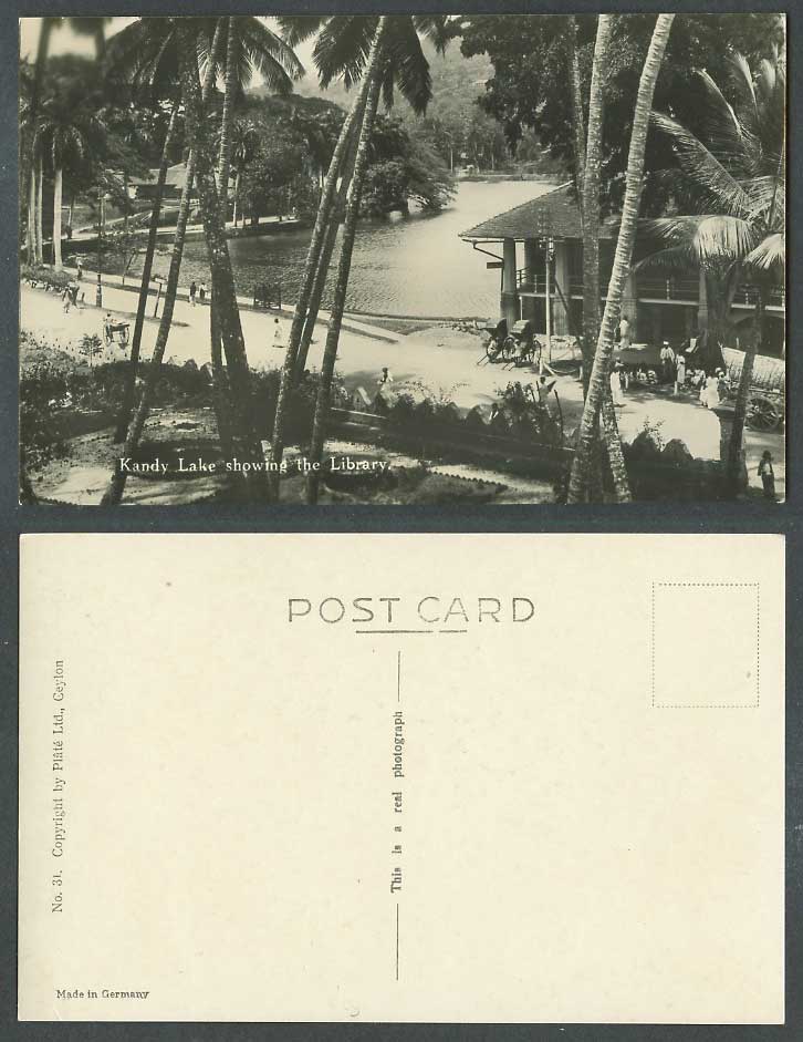 Ceylon Old Real Photo Postcard Kandy Lake Showing The Library, Palm Trees Street